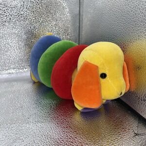 Vintage Baby Gund Ringo Yellow Puppy Dog Plush Rattle Primary Colors Rings Toy